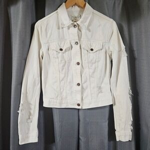 Denim & Supply Ralph Lauren White Distressed Denim Trucker Jacket Womens Small
